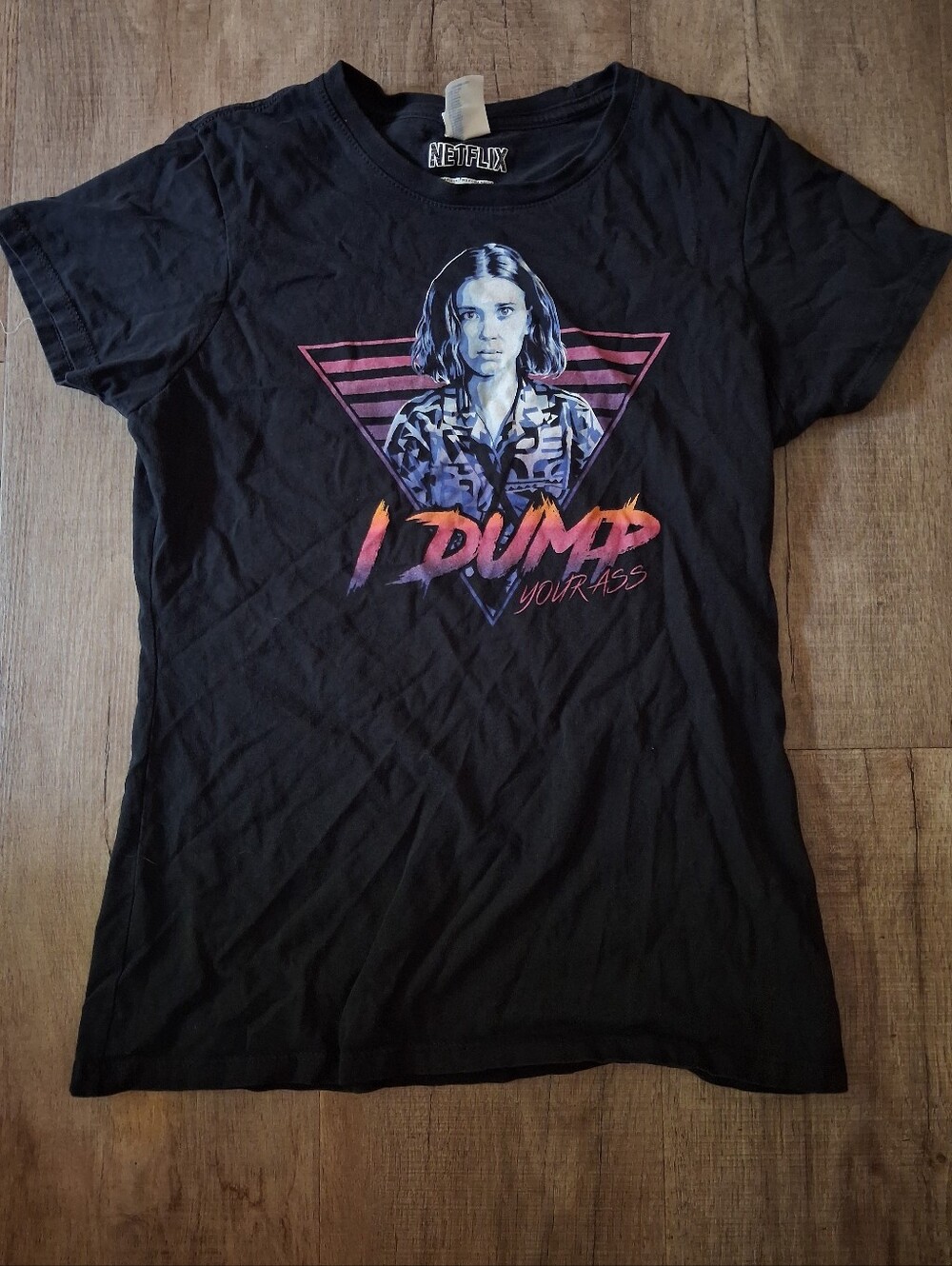 Netflix Black Graphic Tee with Purple & Pink Retro Print